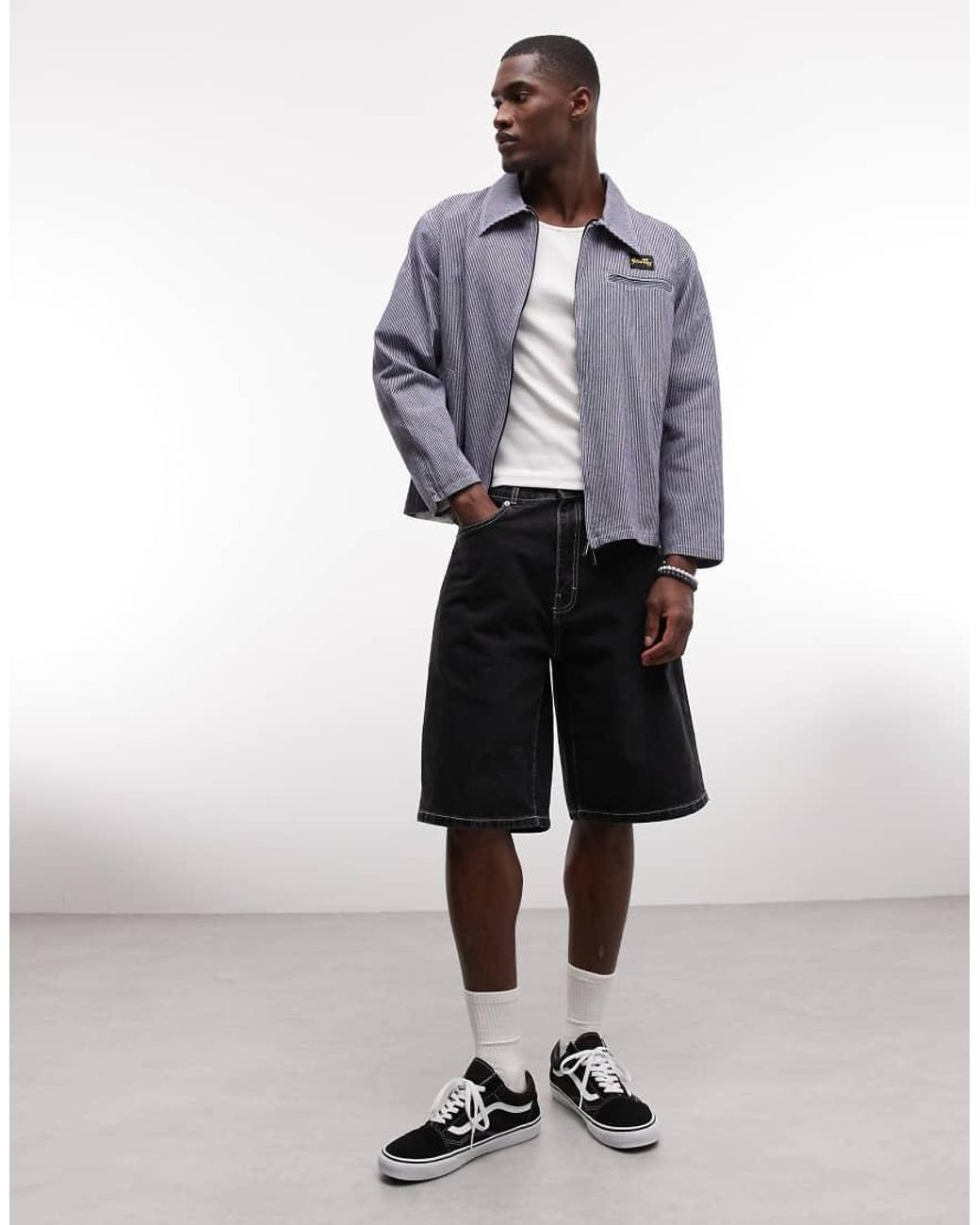 Stan Ray White Denim Zip Through Hickory Stripe Gas Jacket for men