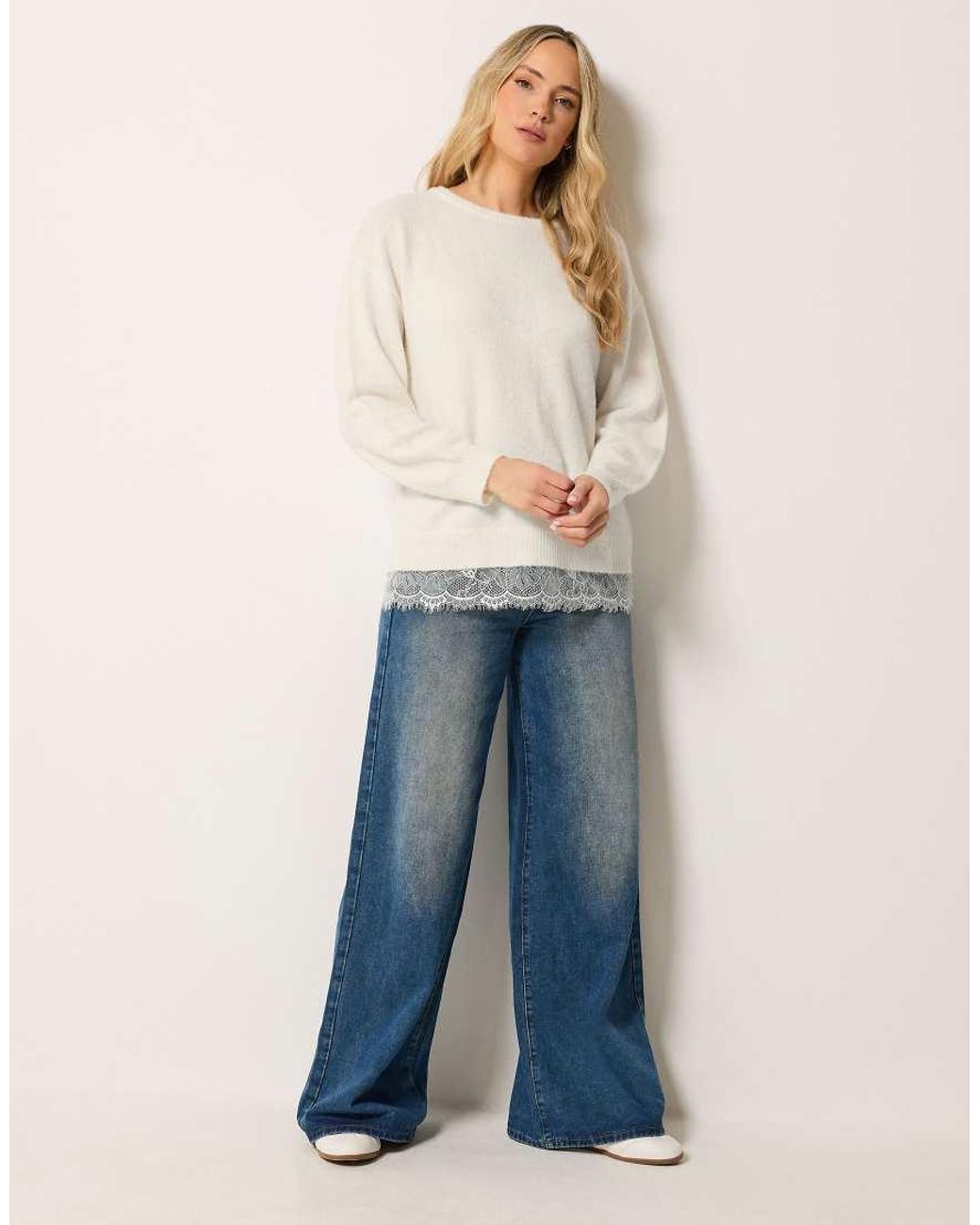 Long Tall Sally White Lace Hem Knitted Jumper