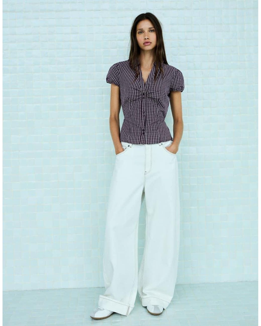 Bershka Purple Short Sleeve Poplin Shirt With Bow
