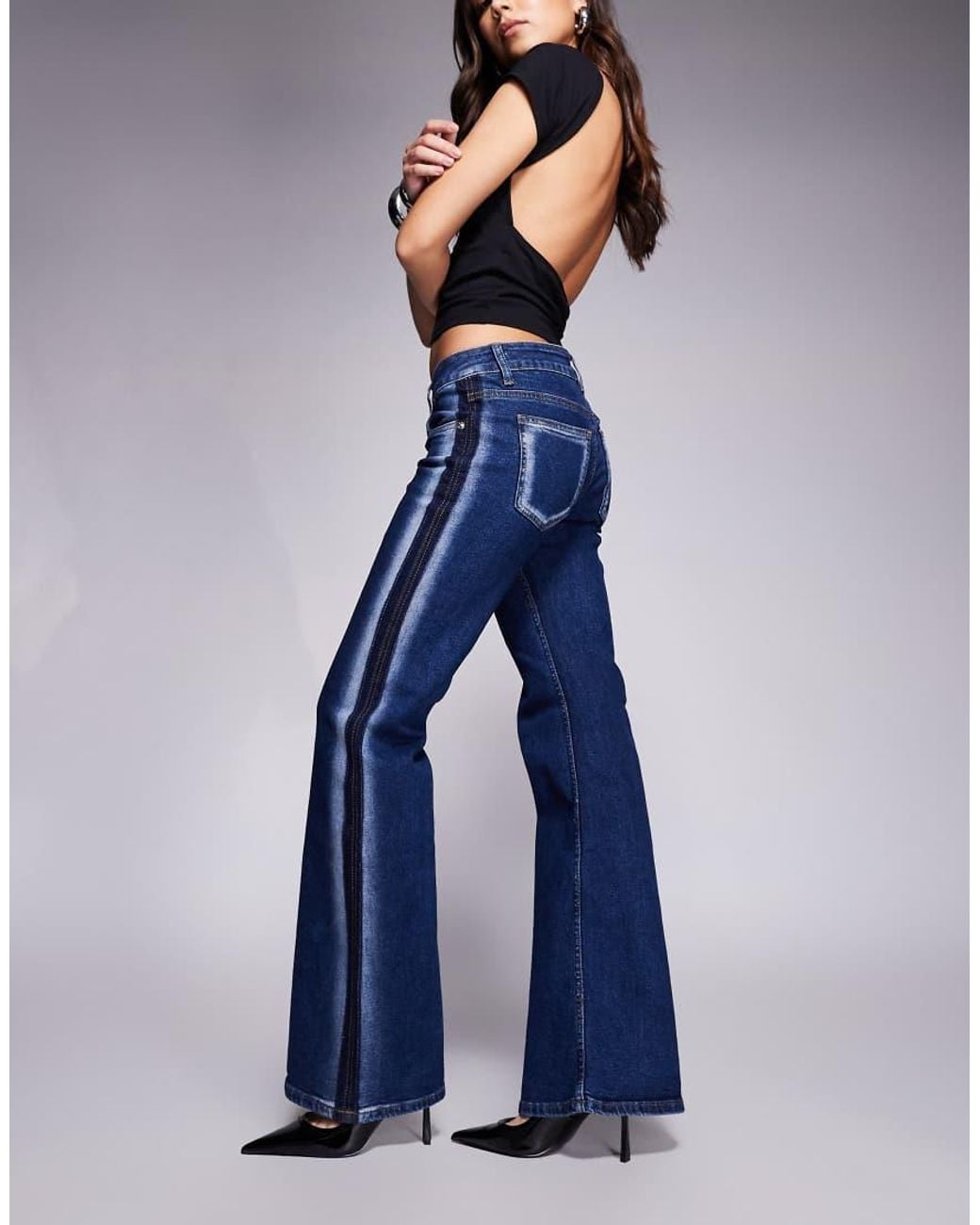 Edikted Blue Airbrushed Low Rise Flared Jeans