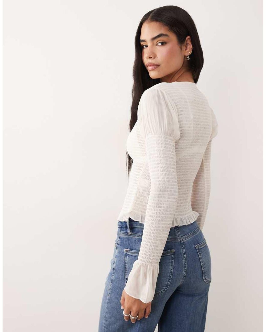 ASOS White Mesh Shirred Button Down Long Sleeve Top