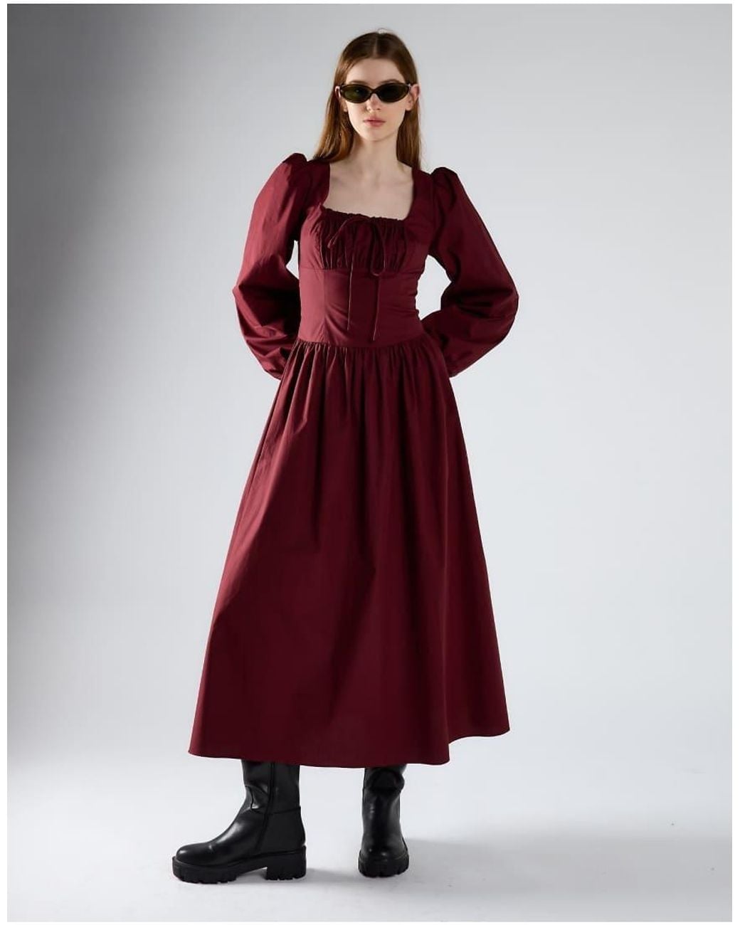 Glamorous Red Square Neck Long Sleeve Maxi Dress