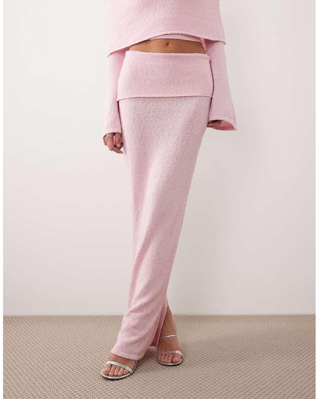 Wanderdoll Pink Yasmin Boucle Knit Dramatic Foldover Maxi Skirt Co-Ord