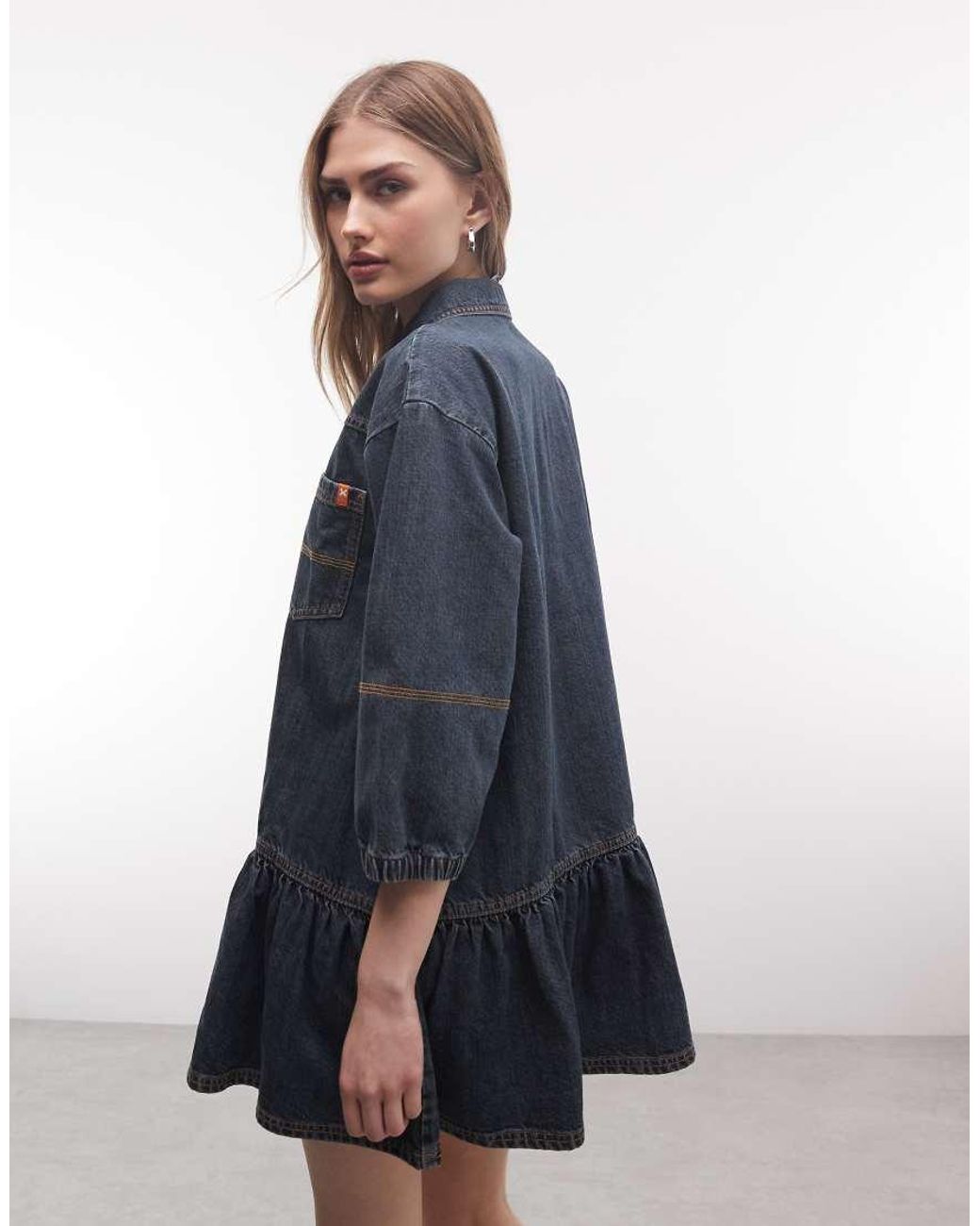 Collusion Blue Smock Dress With Puff Sleeves