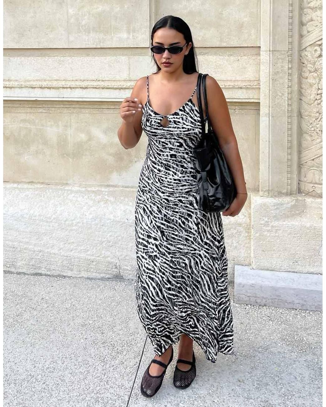 Bershka White Printed Midi Dress With Straps