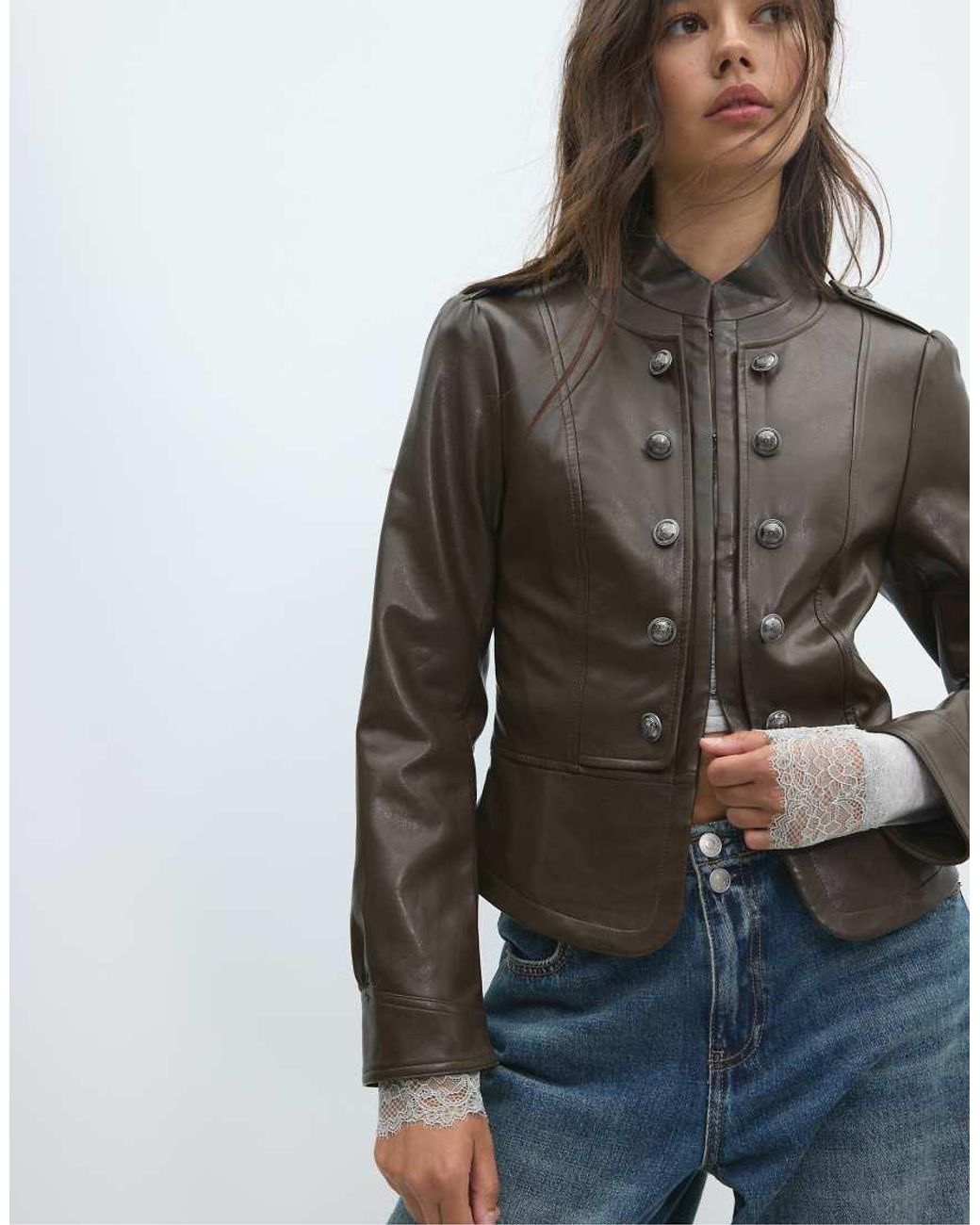 Stradivarius Blue Leather Effect Blazer With Engraved Buttons