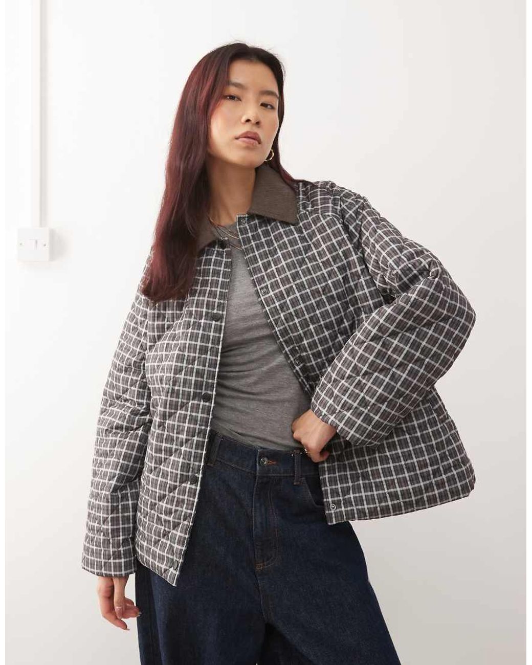 Noisy May Gray Quilted Check Jacket