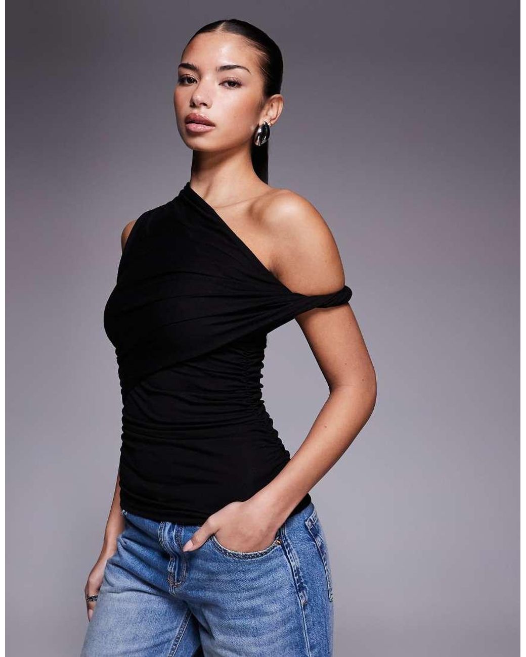 ASOS Blue Ruched Twist Side Cut Away Draped Top