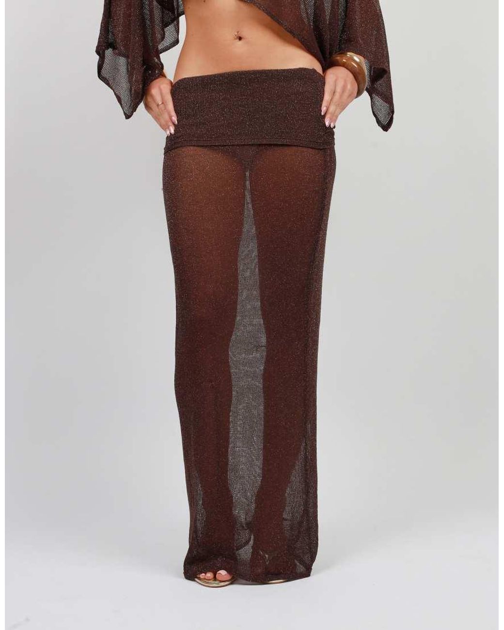 SIMMI Brown Foldover Sheer Knit Maxi Skirt