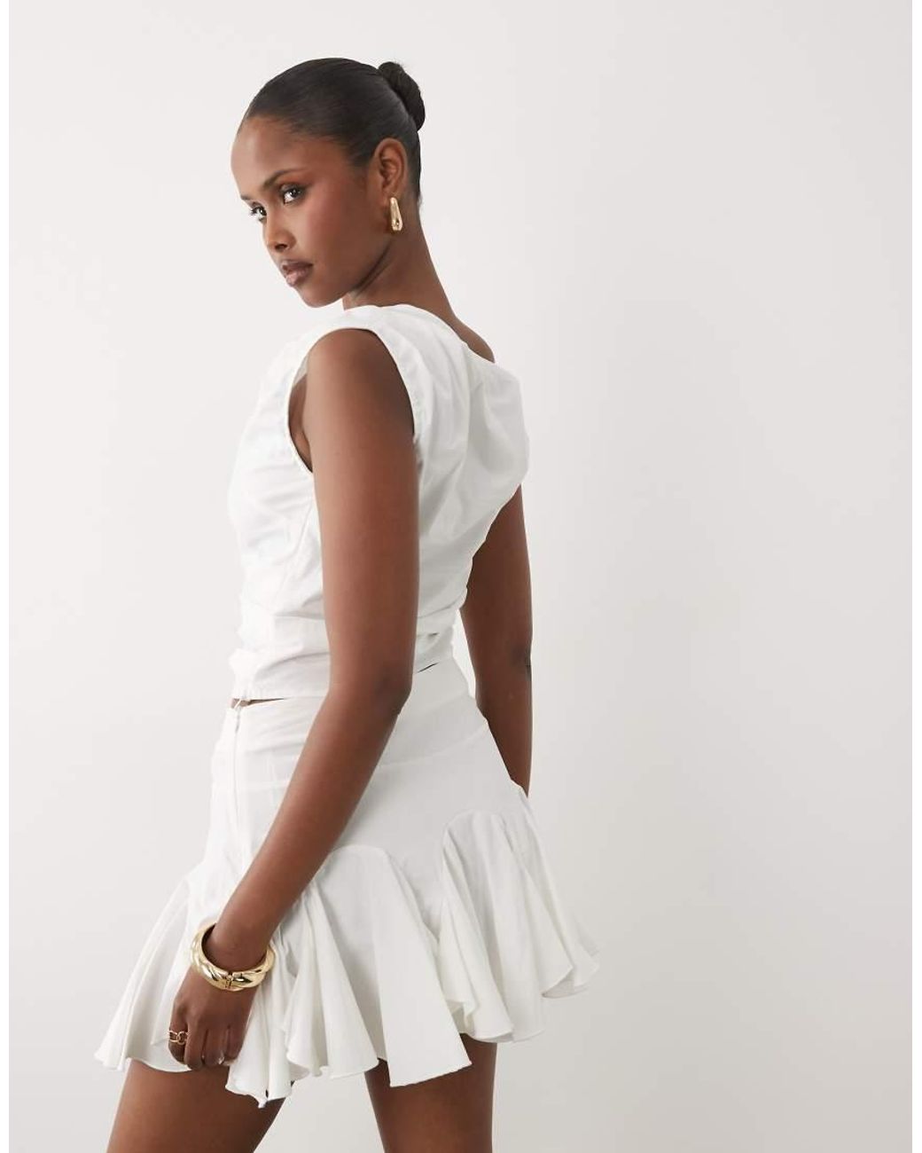 Kaiia White Exclusive Stretch Cotton Rich Twist Off Shoulder Top Co-ord