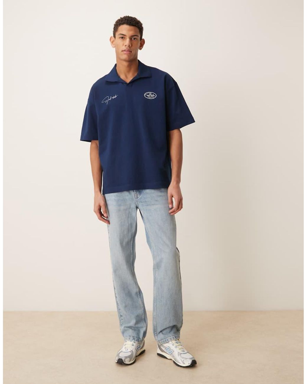 ASOS Blue Circular Design Collection Super Heavyweight Oversized Polo With Chest Print for men