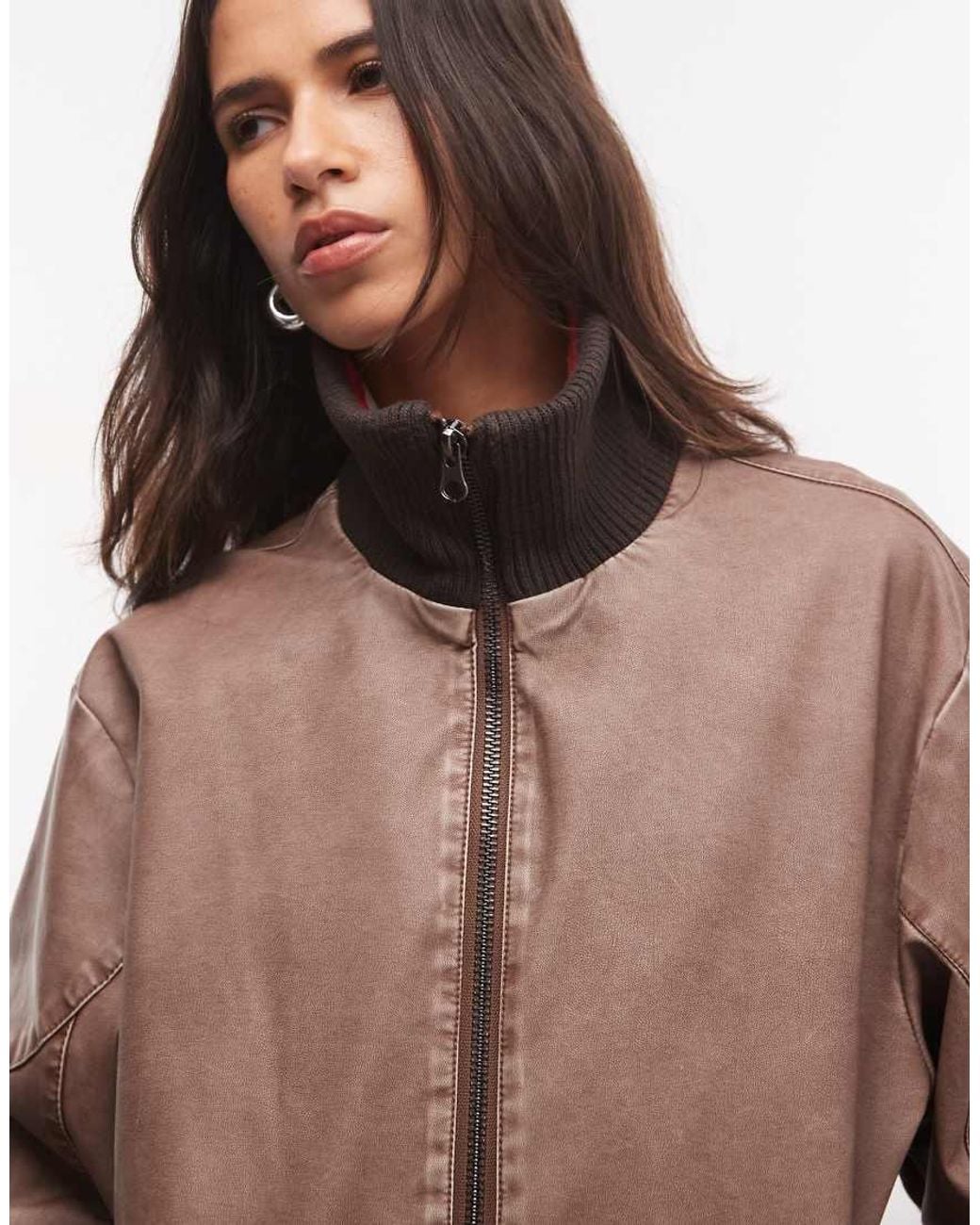 Reclaimed Vintage Brown Contrast Rib Collar Distressed Faux Leather Bomber
