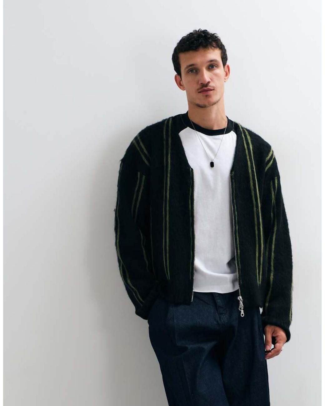 The Ragged Priest Blue The Ragged Prist Grit Zip Through V Neck Cardigan With And Stripe for men