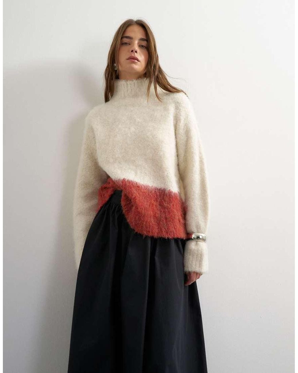 TOPSHOP Red Knitted High Neck Hairy Oversized Abstract Print Sweater