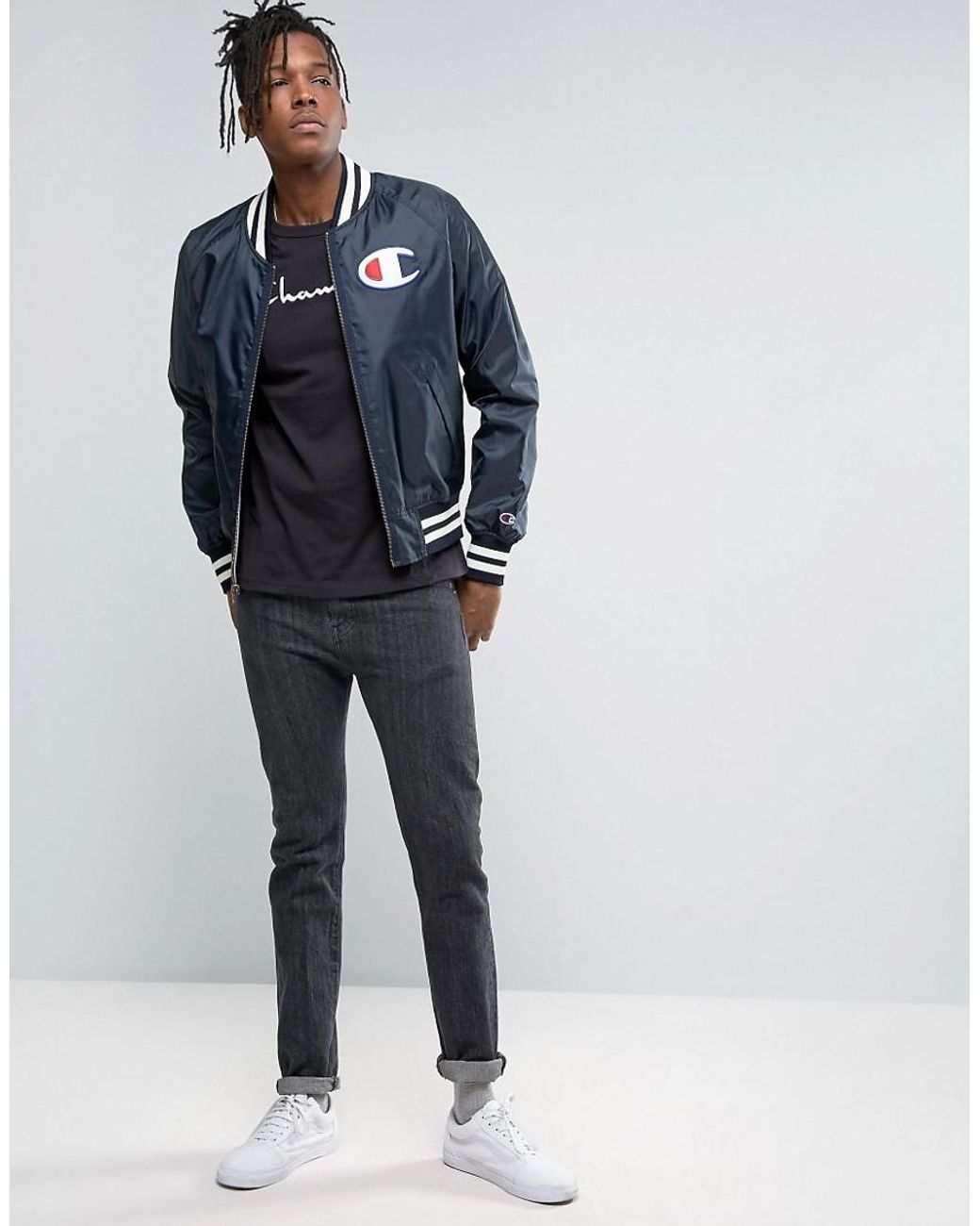 Champion Synthetic Bomber Jacket With Large Logo in Black for Men | Lyst