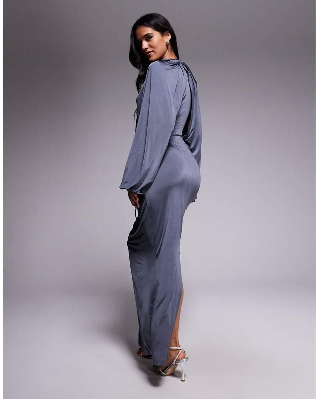 ASOS Blue Slinky Winged Sleeve Ruched Maxi Dress