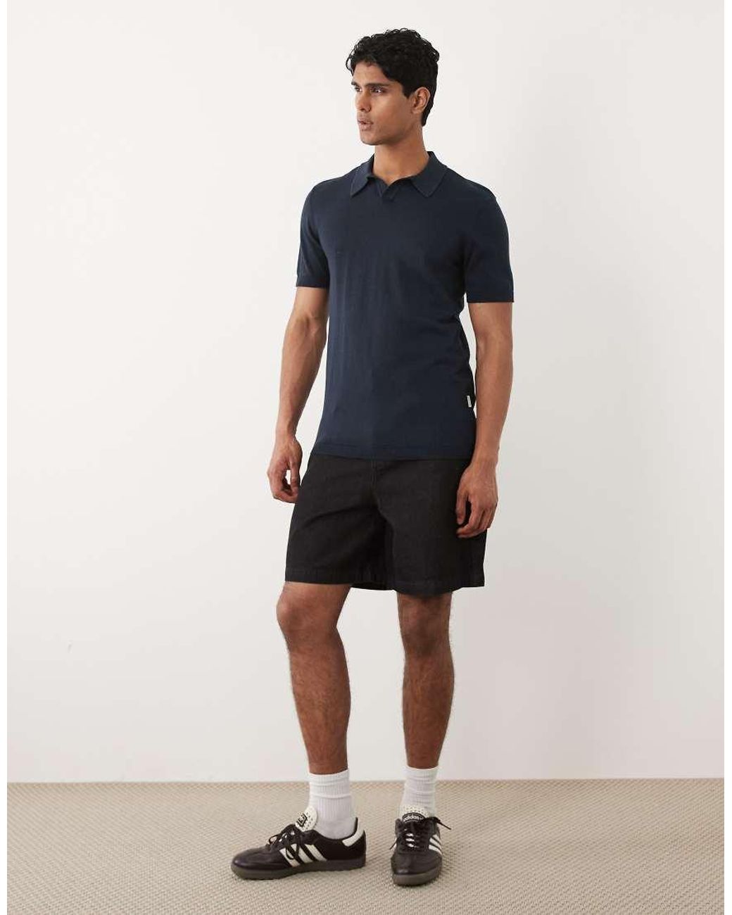 Blend Blue Cotton-mix Knitted Open Collar Regular Fit Polo for men