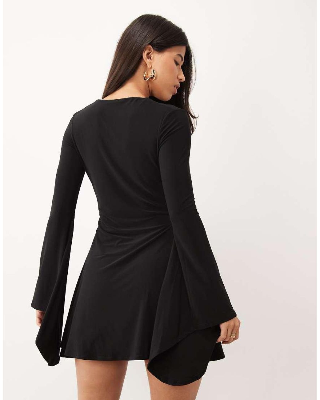 ASOS Black Slinky Flute Sleeve Flippy Mini Dress With Deep Plunge