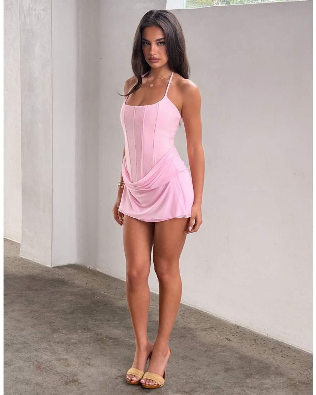 Tiger Mist Pink Lyza Halterneck Corset Lace Up Back Drape Waist Detail Mini Dress