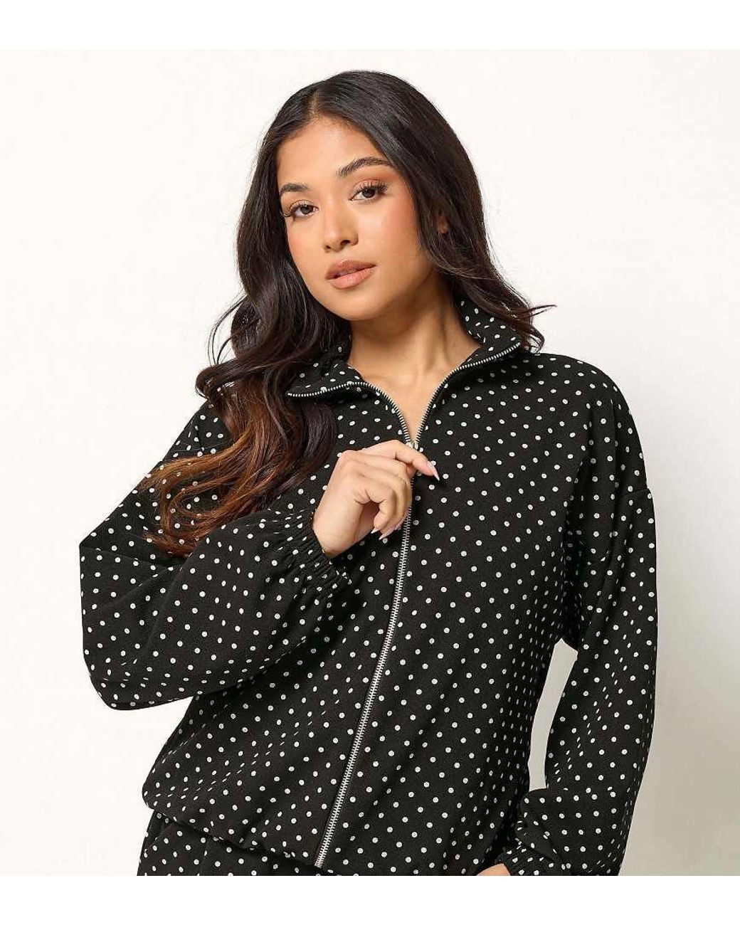 PixieGirl Black Petite Polka Dot Funnel Neck Jacket