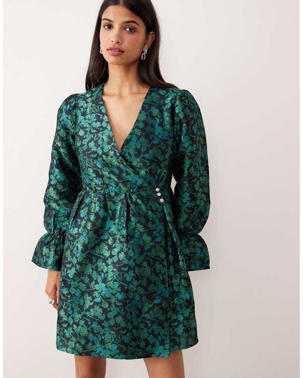 Y.A.S Green Long Sleeve Jacquard Mini Dress