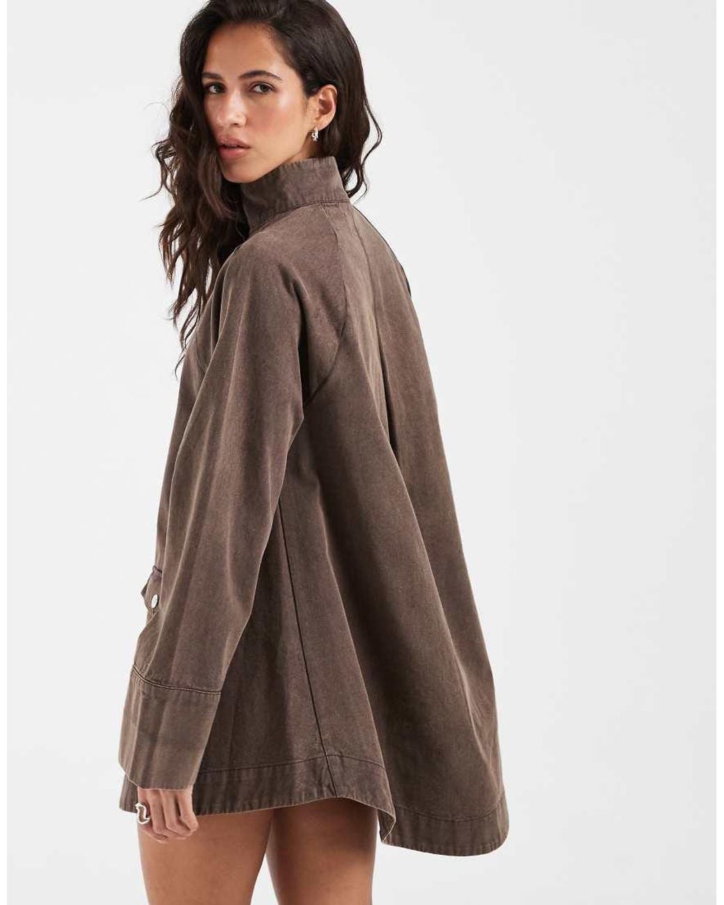 ASOS Brown Oversized Twill Funnel Neck Mini Dress With Pockets
