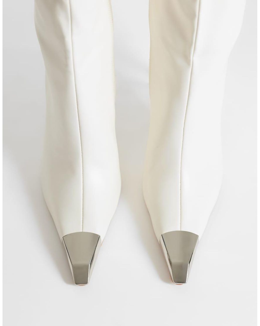 Public Desire White Radiate Stiletto Heel Knee Boots With Pointed Metal Toe