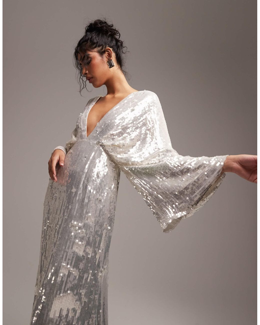 sequin kimono sleeve wedding dress ASOS Harriet Sequin Plunge Kimono Sleeve Wedding Dress in Gray