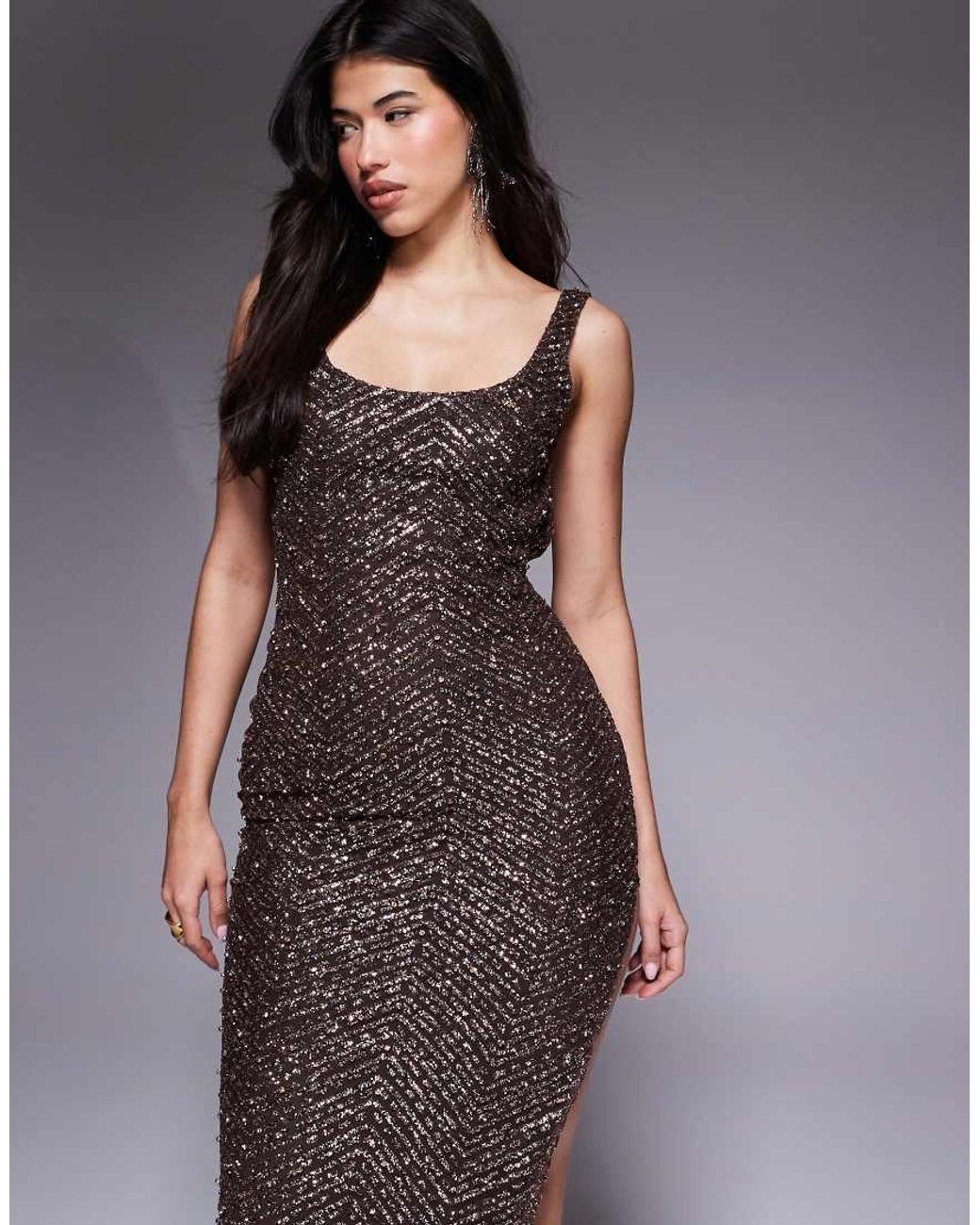 Oh Polly Brown Glitter Embellished Scoop Neck Low Back Thigh Split Maxi Dress