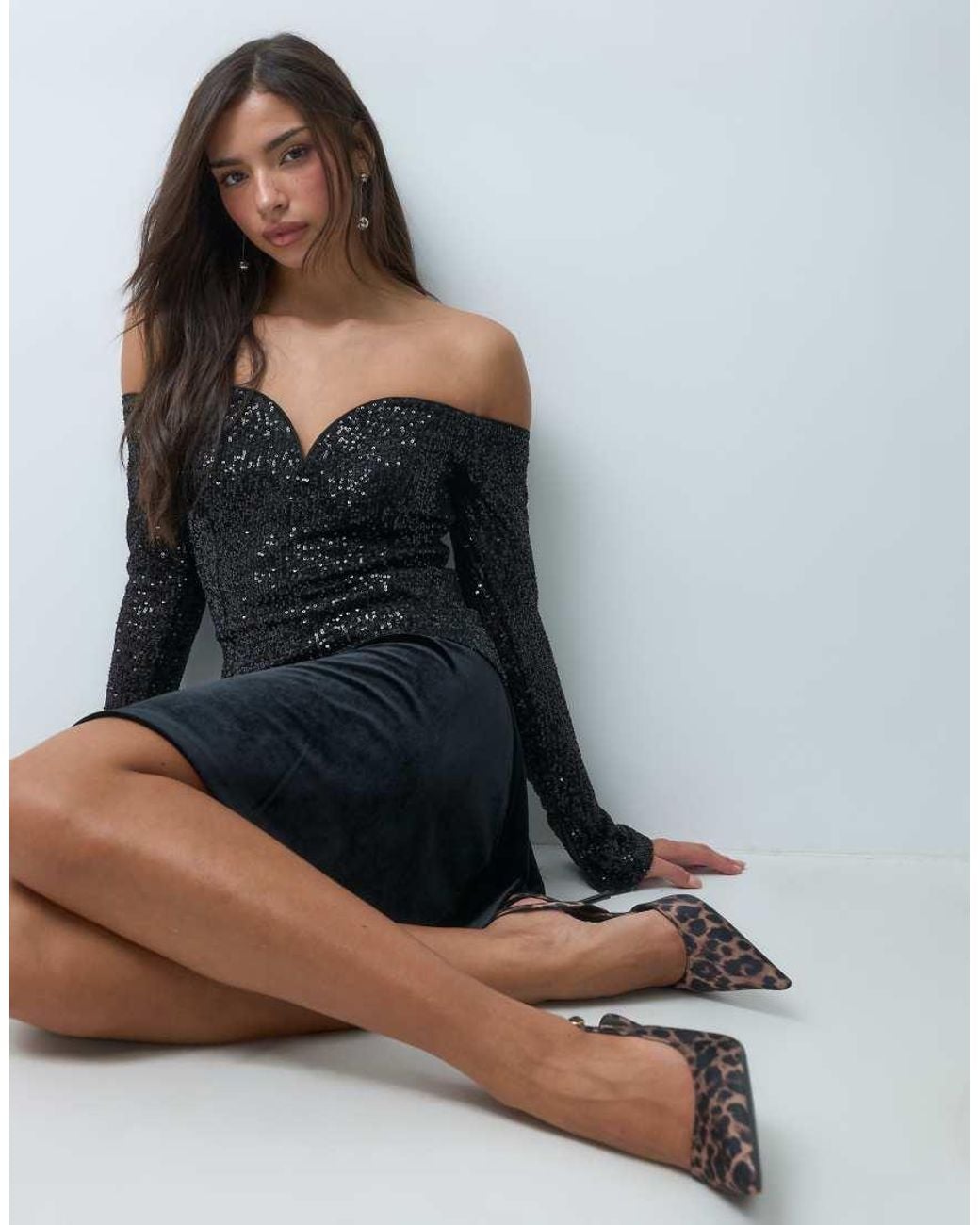 ASOS Black Allover Sequin Long Sleeve Plunge Bardot Top