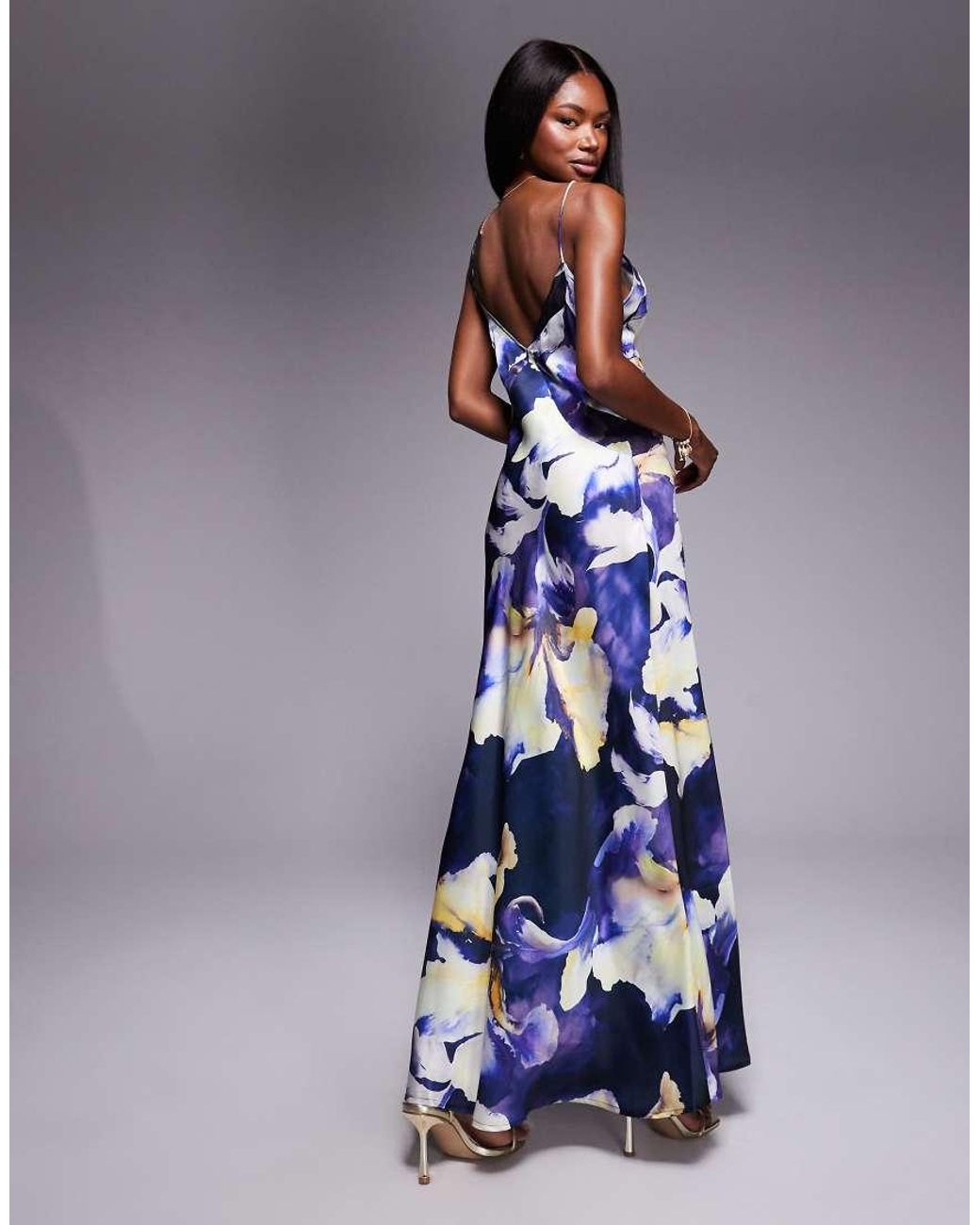 ASOS Blue Satin Chiffon Mix Square High Neck Maxi Dress