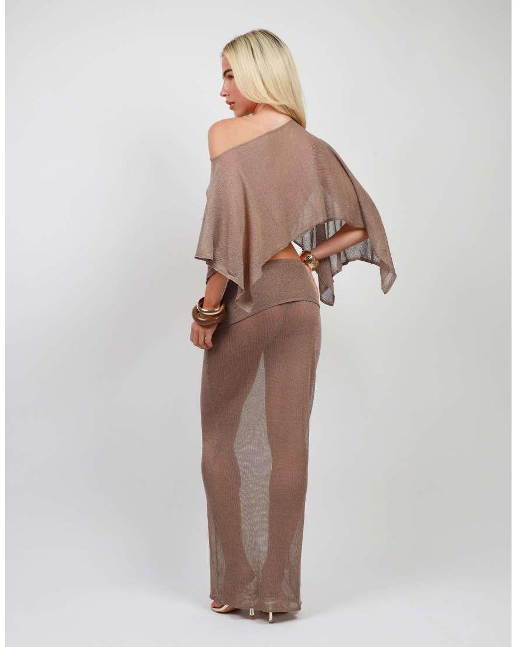 SIMMI Brown Foldover Sheer Knit Maxi Skirt