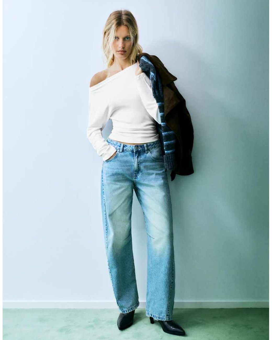Pull&Bear White Asymmetric Long Sleeve Top