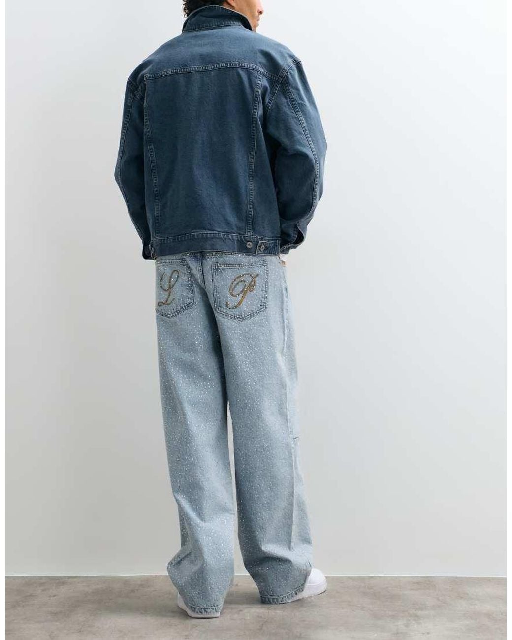 Liquor N Poker Blue Relaxed baggy Rhinestone Detail Jeans for men