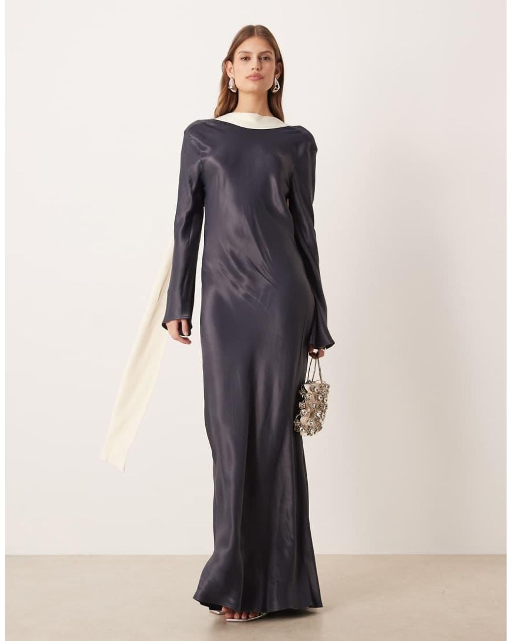 ASOS Long Sleeve Satin Maxi Dress With Scarf in Blue Lyst UK — free download