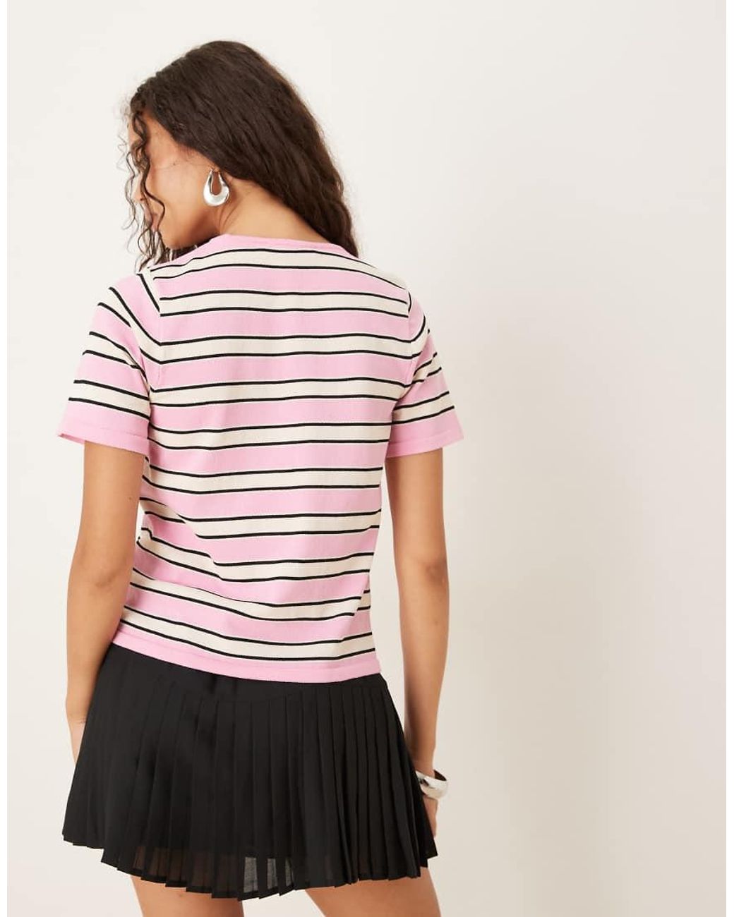Mango Red Round Neck Slim Fit Striped Top