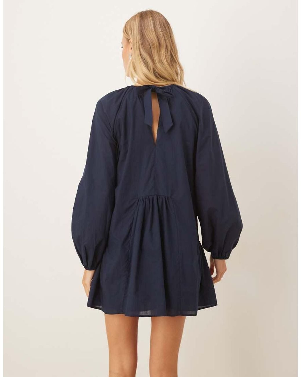 ASOS Blue Volume Smock Mini Dress With Tie Back Detail