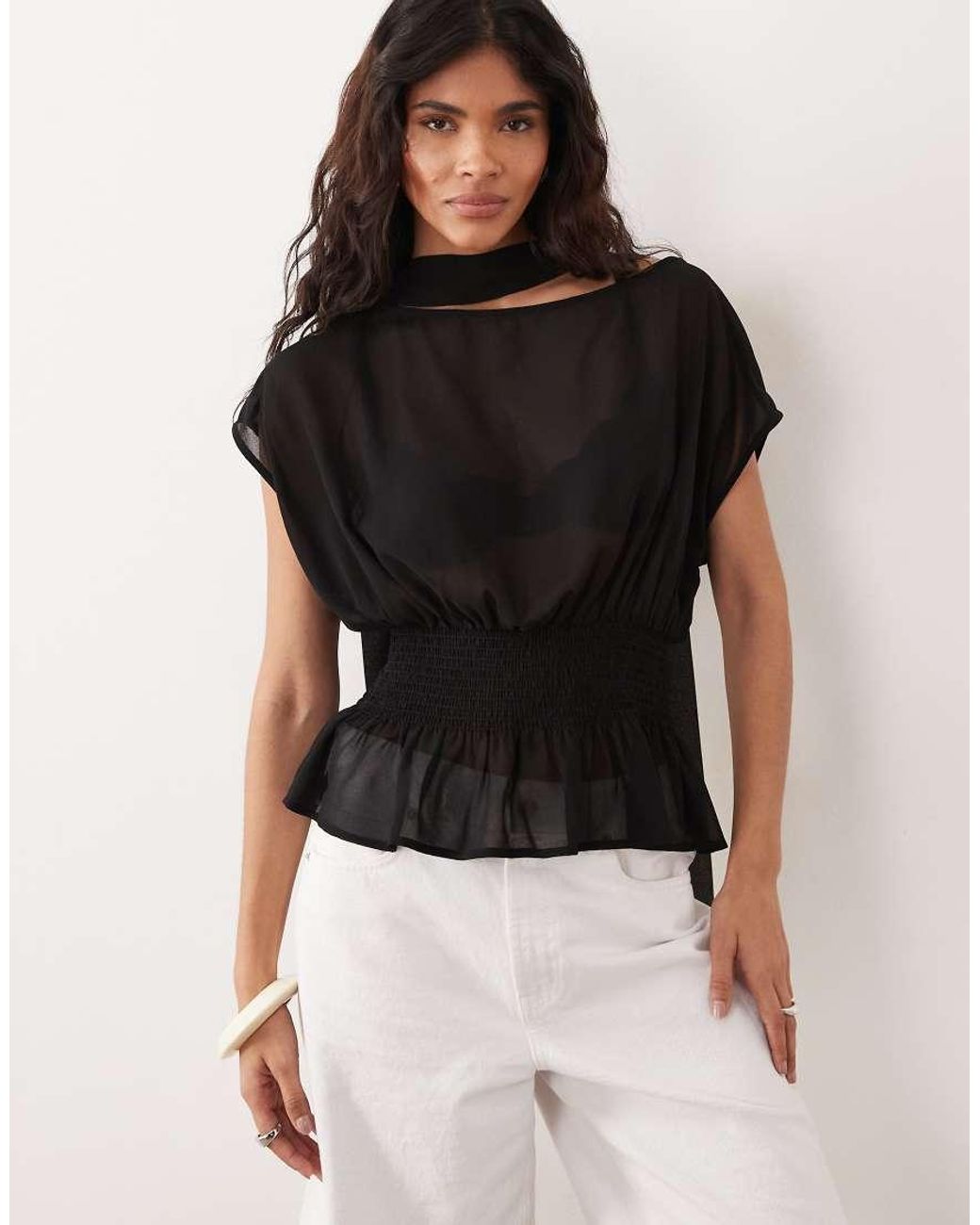 Gina Tricot Natural Short Sleeve Scarf Blouse