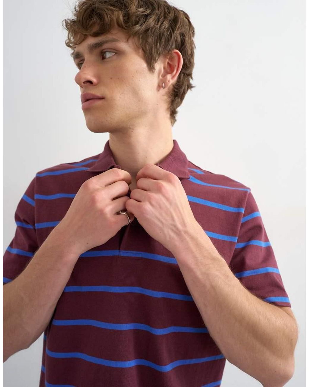 Topman Purple Relaxed Cropped Fit Striped Polo for men