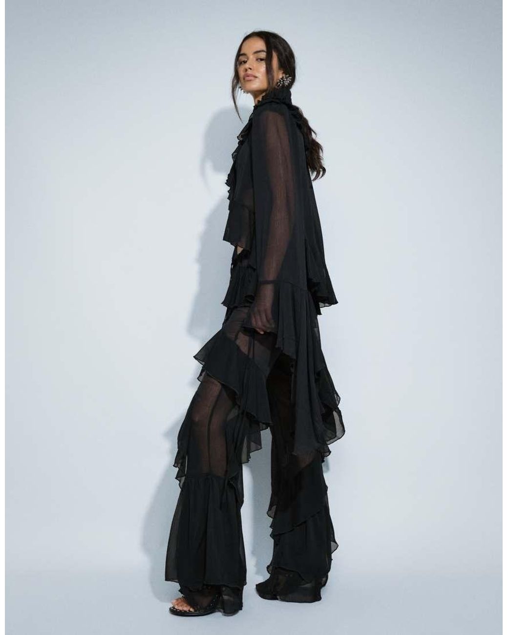 Noughts & Kisses Black Chiffon Extreme Ruffle Detail Wide Leg Pants