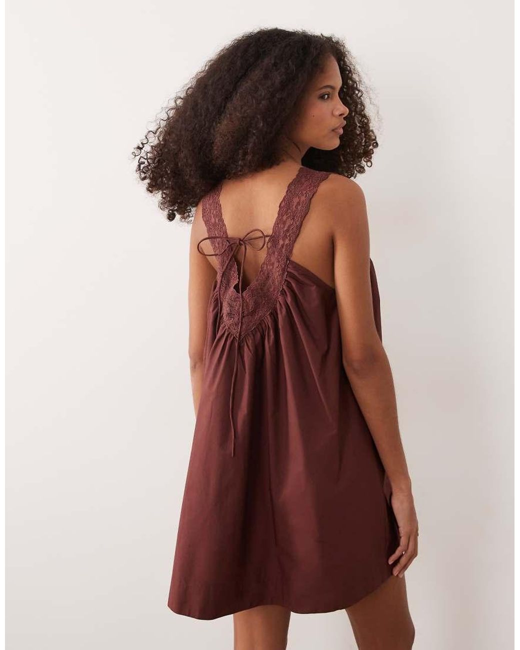 ASOS Brown V-neck Poplin Mini Smock Sundress With Lace Overlay