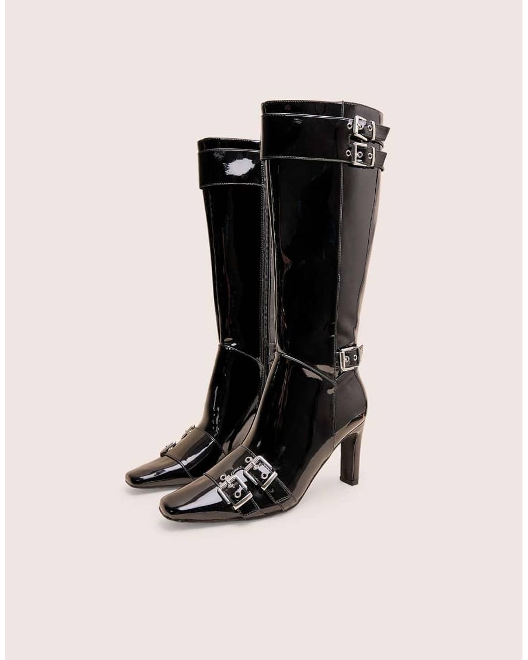 Public Desire Black Ines Patent Buckle Detail Knee High Heeled Boots