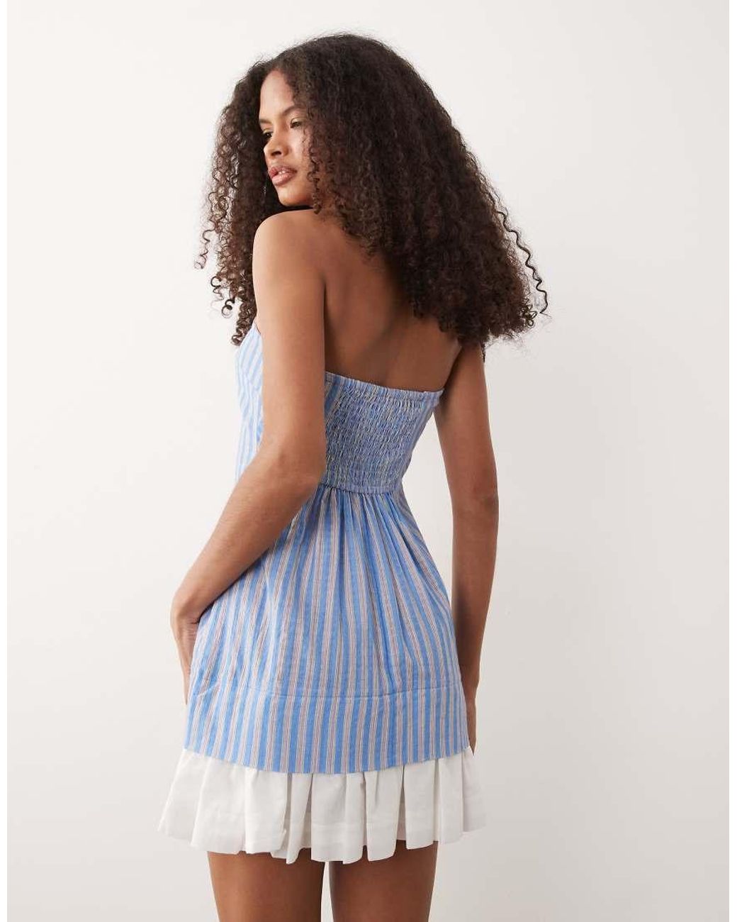 ASOS Blue Cotton Linen Bandeau Mini Sundress With Ruffle Hem