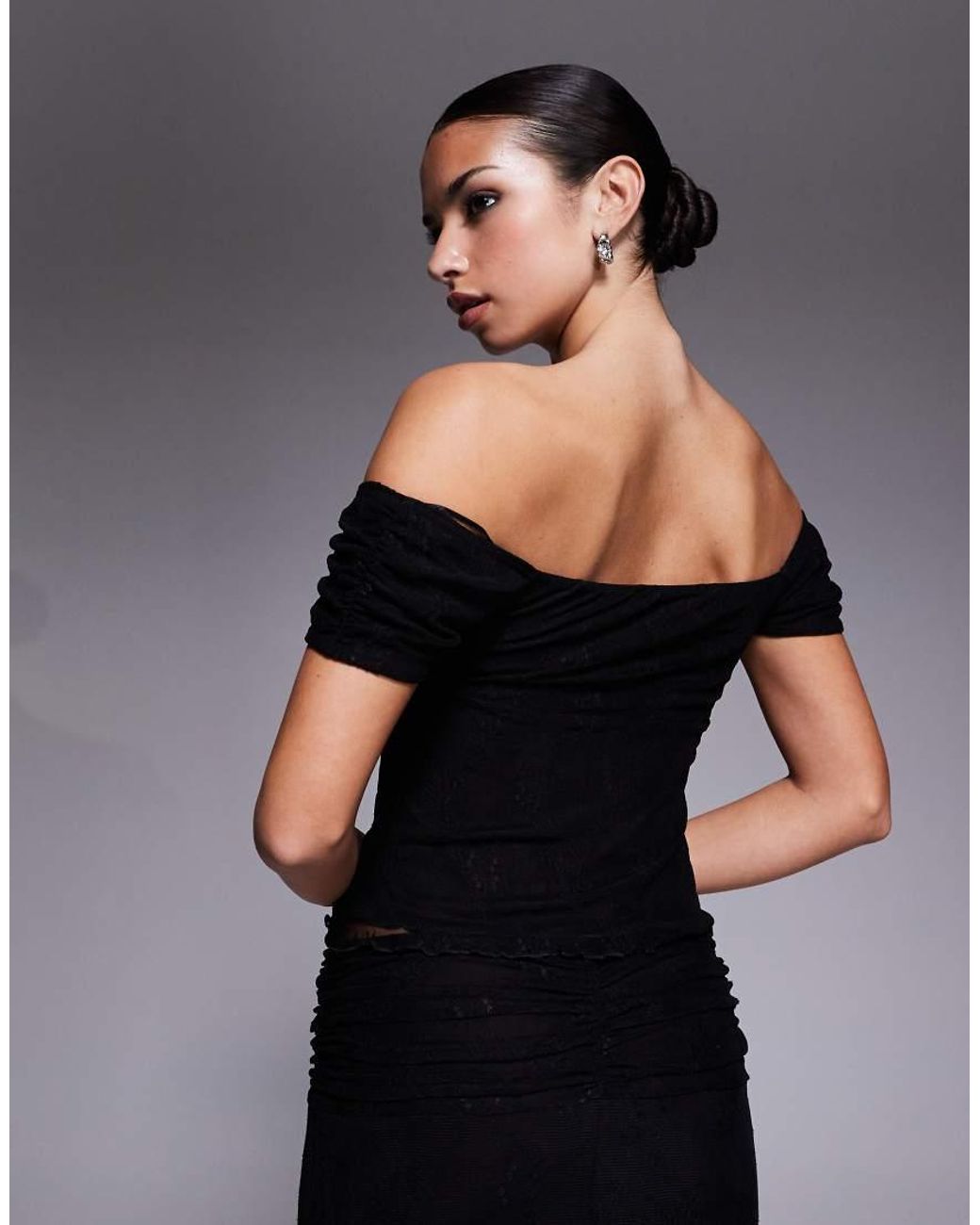 Fashionkilla Black Exclusive Floral Lace Mesh Overlay Sweetheart Neckline Off Shoulder Floaty Hem Top Co-ord