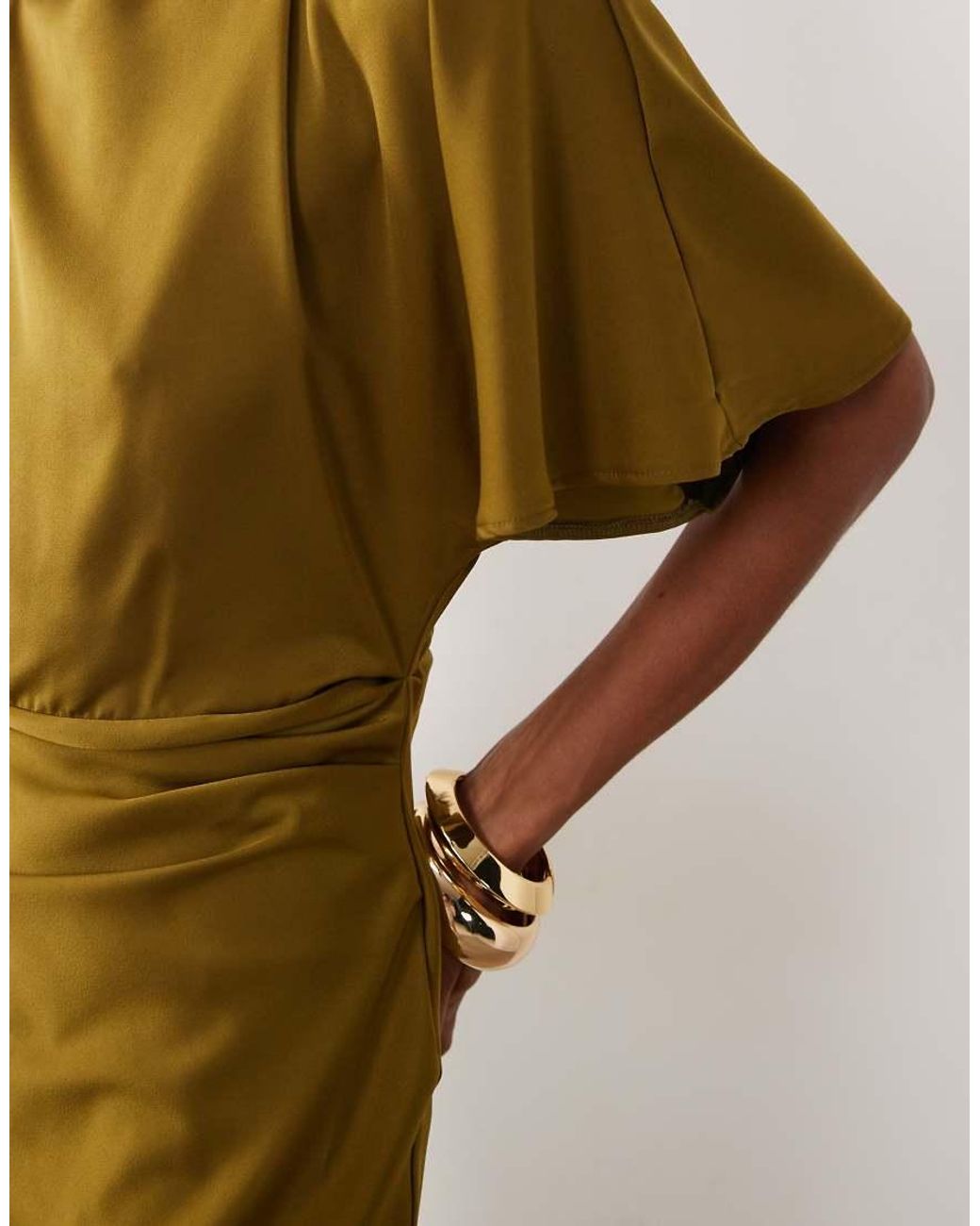 ASOS Metallic Satin High Neck Blouson Maxi Dress With Flutter Sleeve