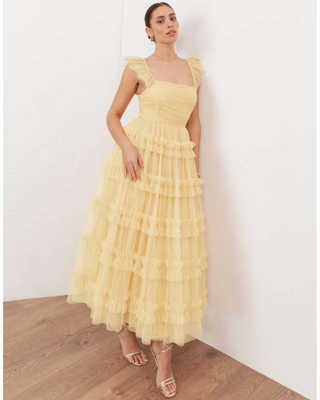 ANAYA Natural Square Neck Flutter Sleeve Frill Midaxi Dress