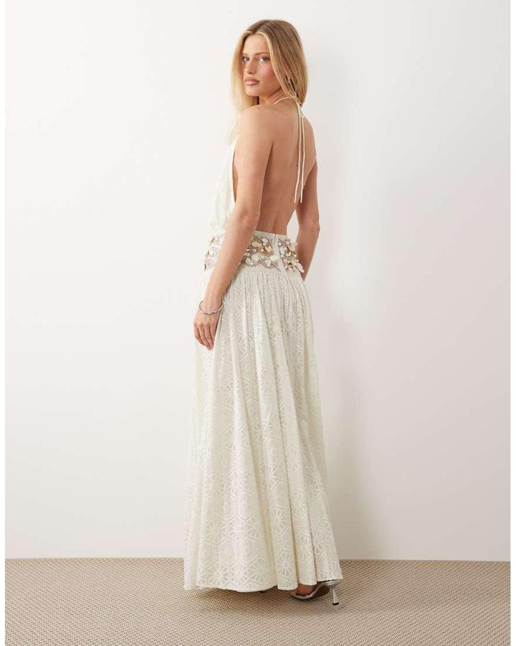 ASOS Natural Crochet Maxi Dress With Embellished Waist Detail