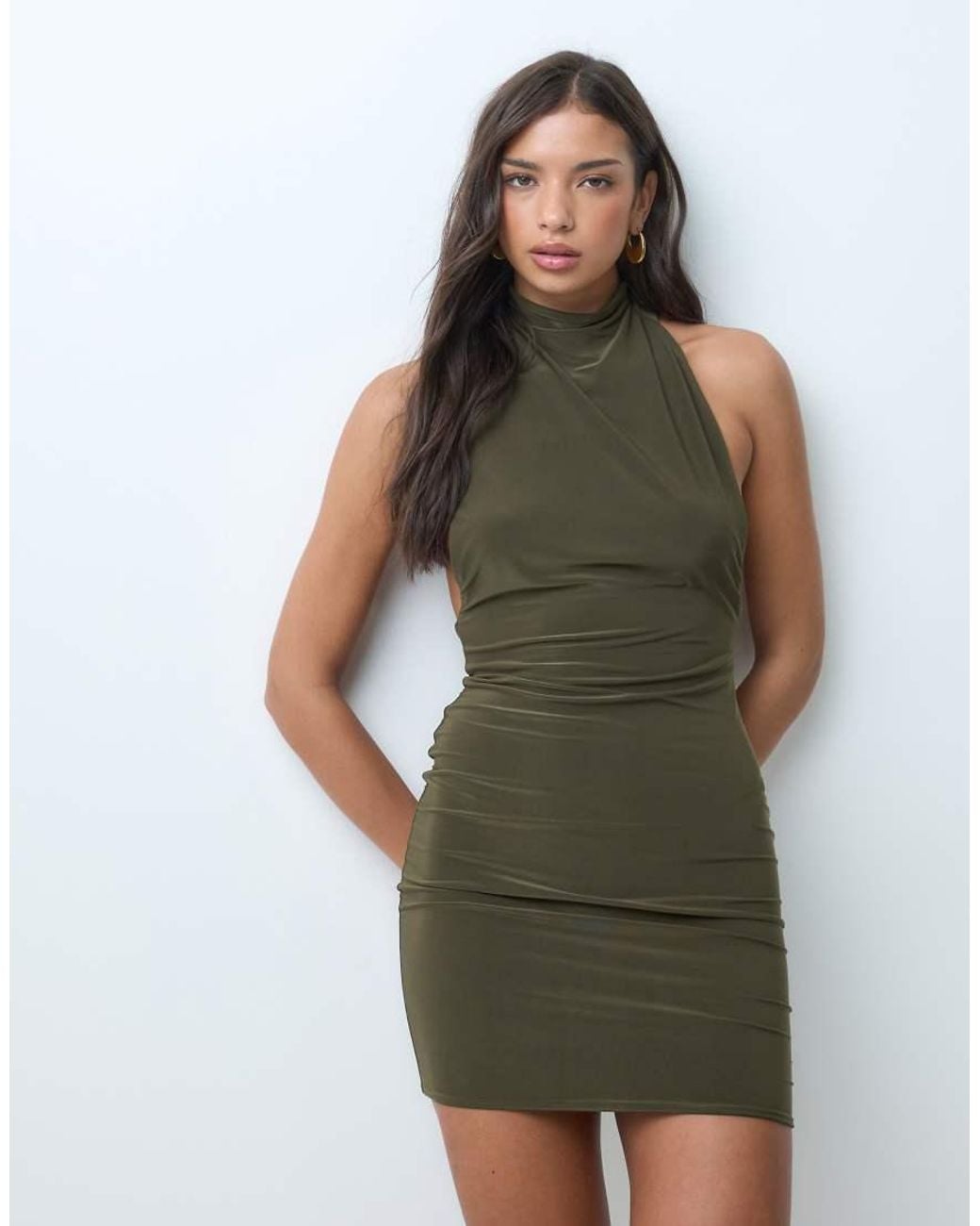 Kaiia Green Exclusive Double Sculpted Slinky High Neck Racer Racer Back Detail Mini Dress
