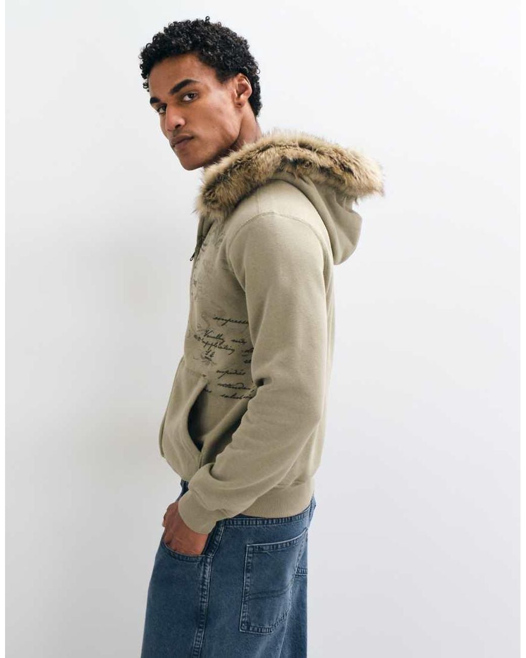 Hollister Green Fur Lined Zip Up Hoodie for men