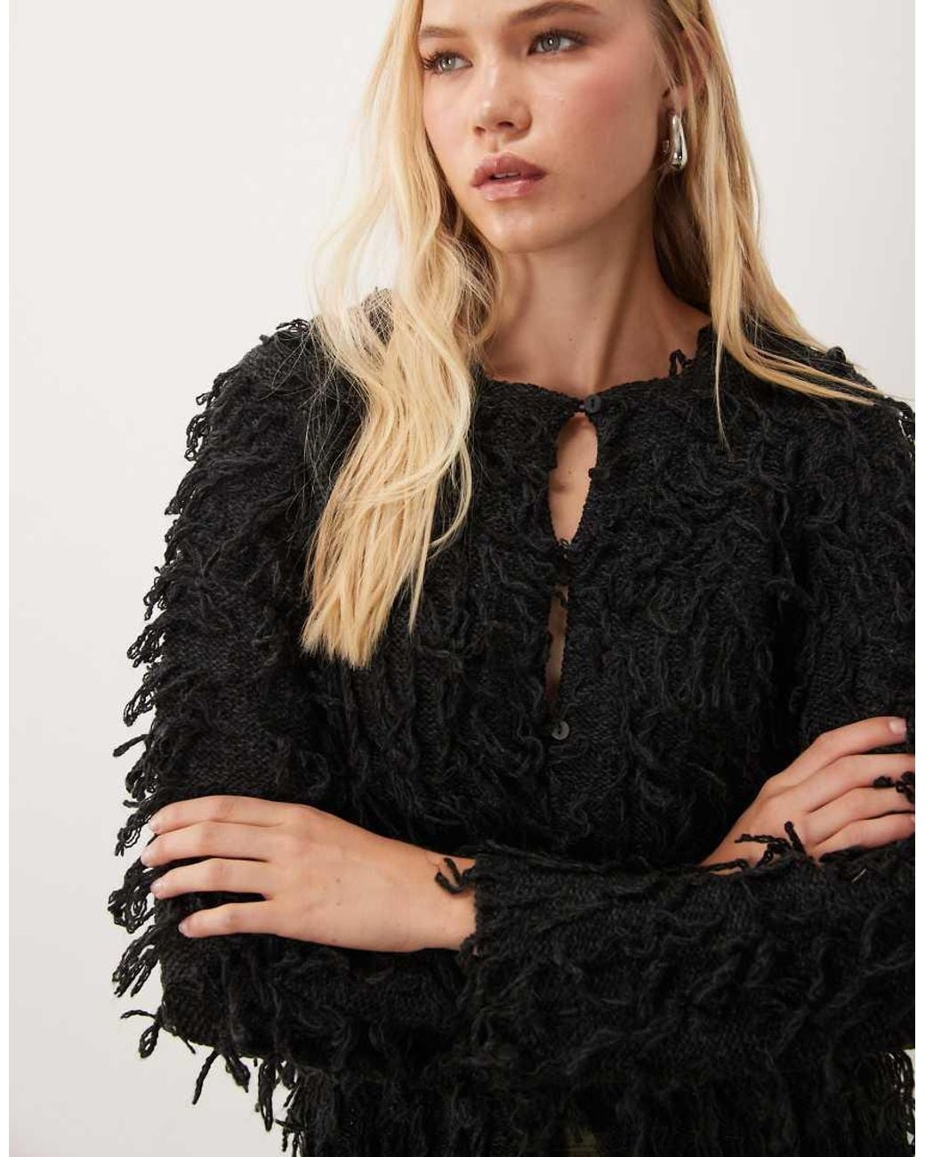 Vila Black Premium exaggerated Fringe Cardigan
